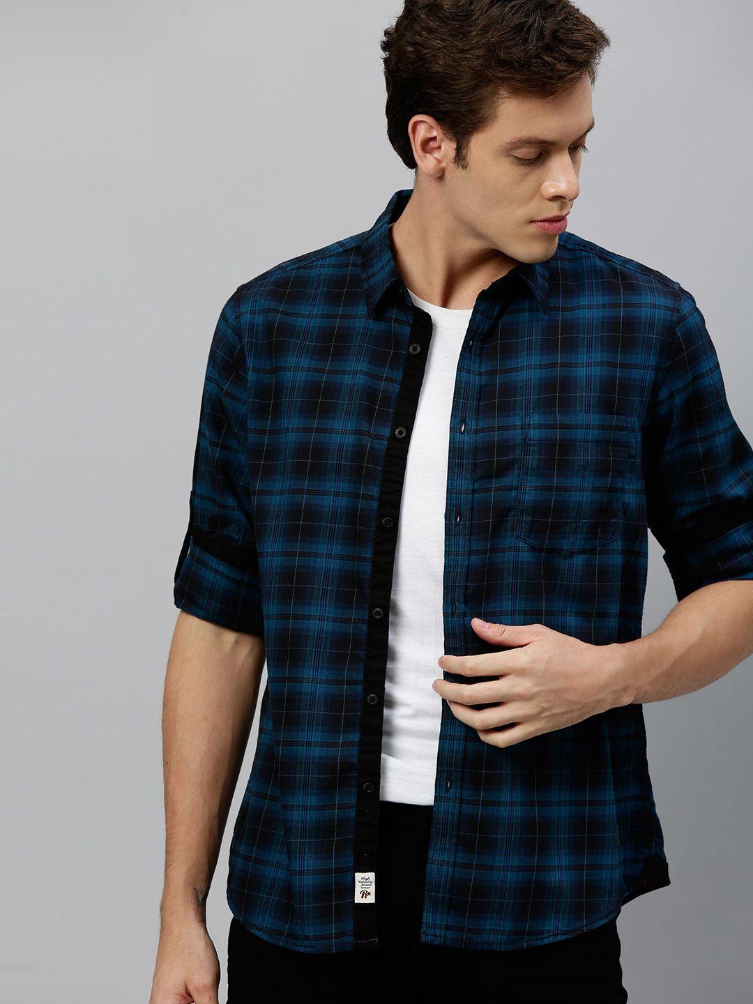 roadster-men-teal-blue-&-black-regular-fit-checked-casual-shirt