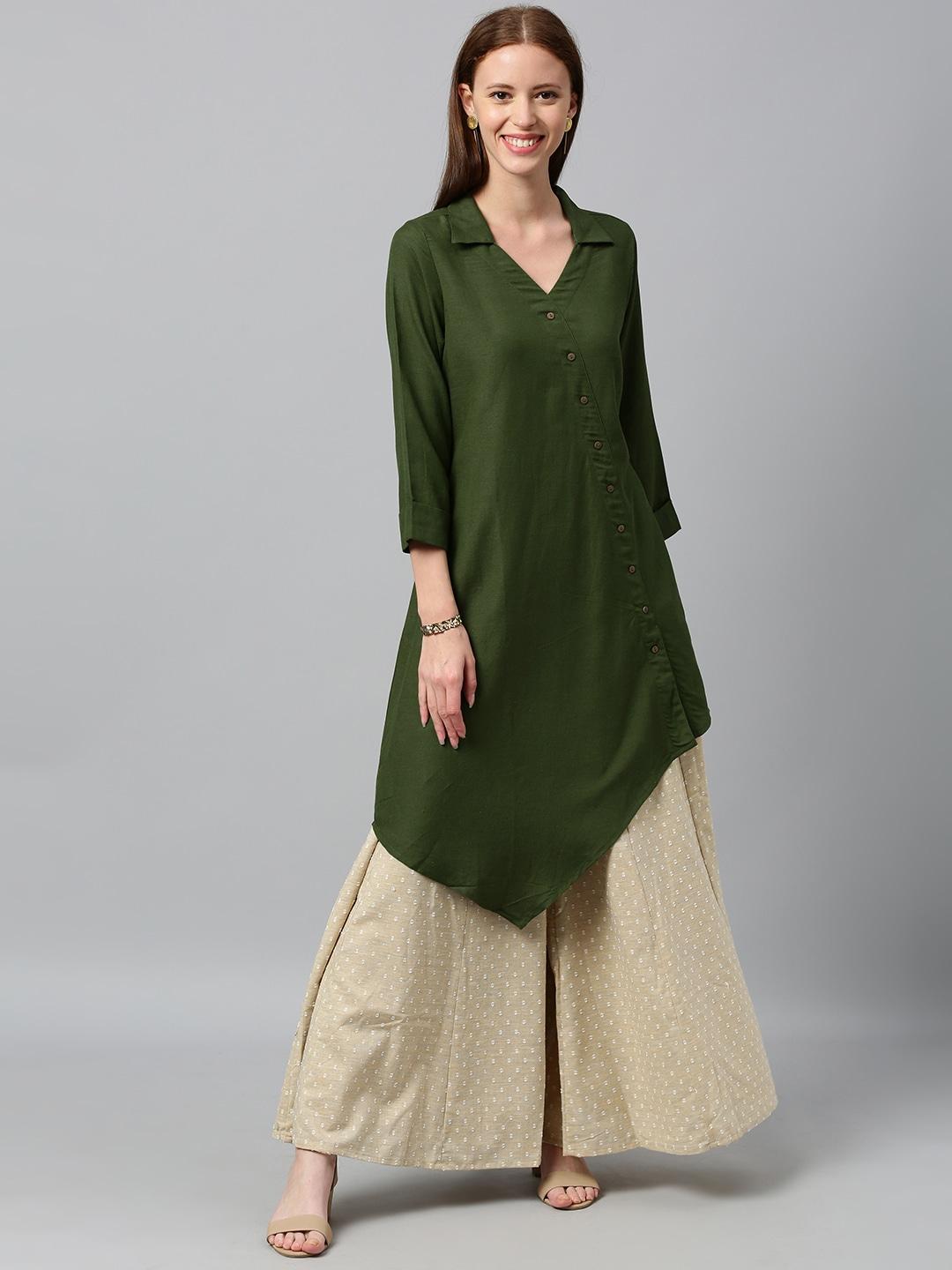 global-desi-women-olive-green-solid-asymmetric-hem-tunic