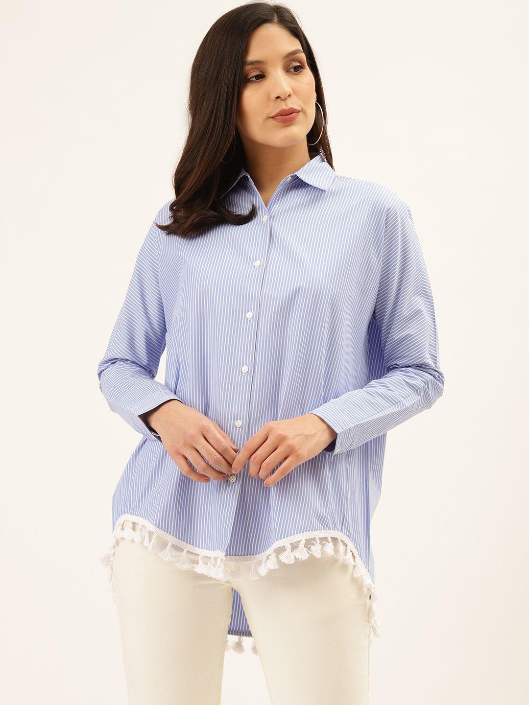Style Quotient Women Blue & White Striped Relaxed Boxy Fit Shirt