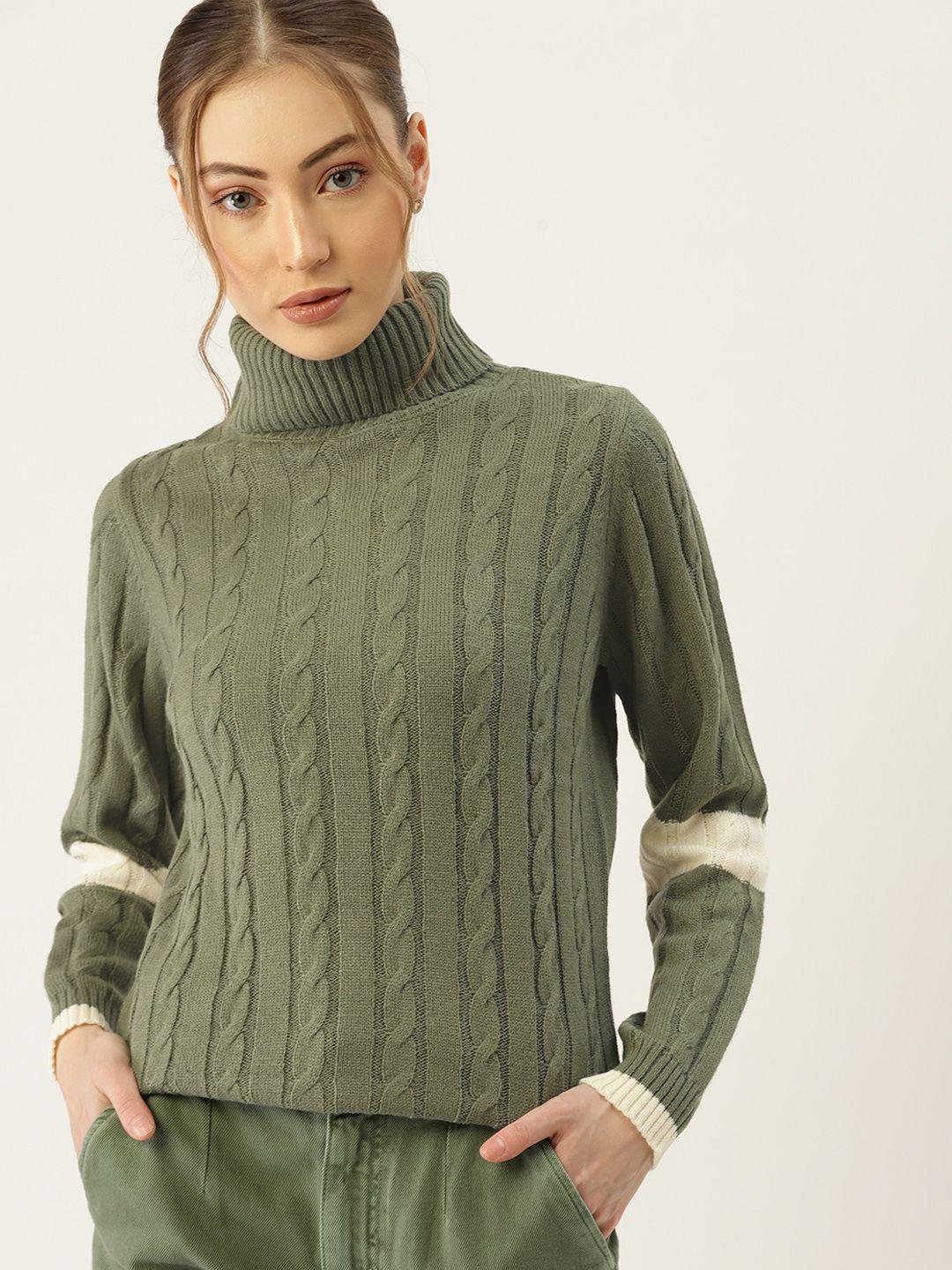DressBerry Women Olive Green Cable Knit Pullover