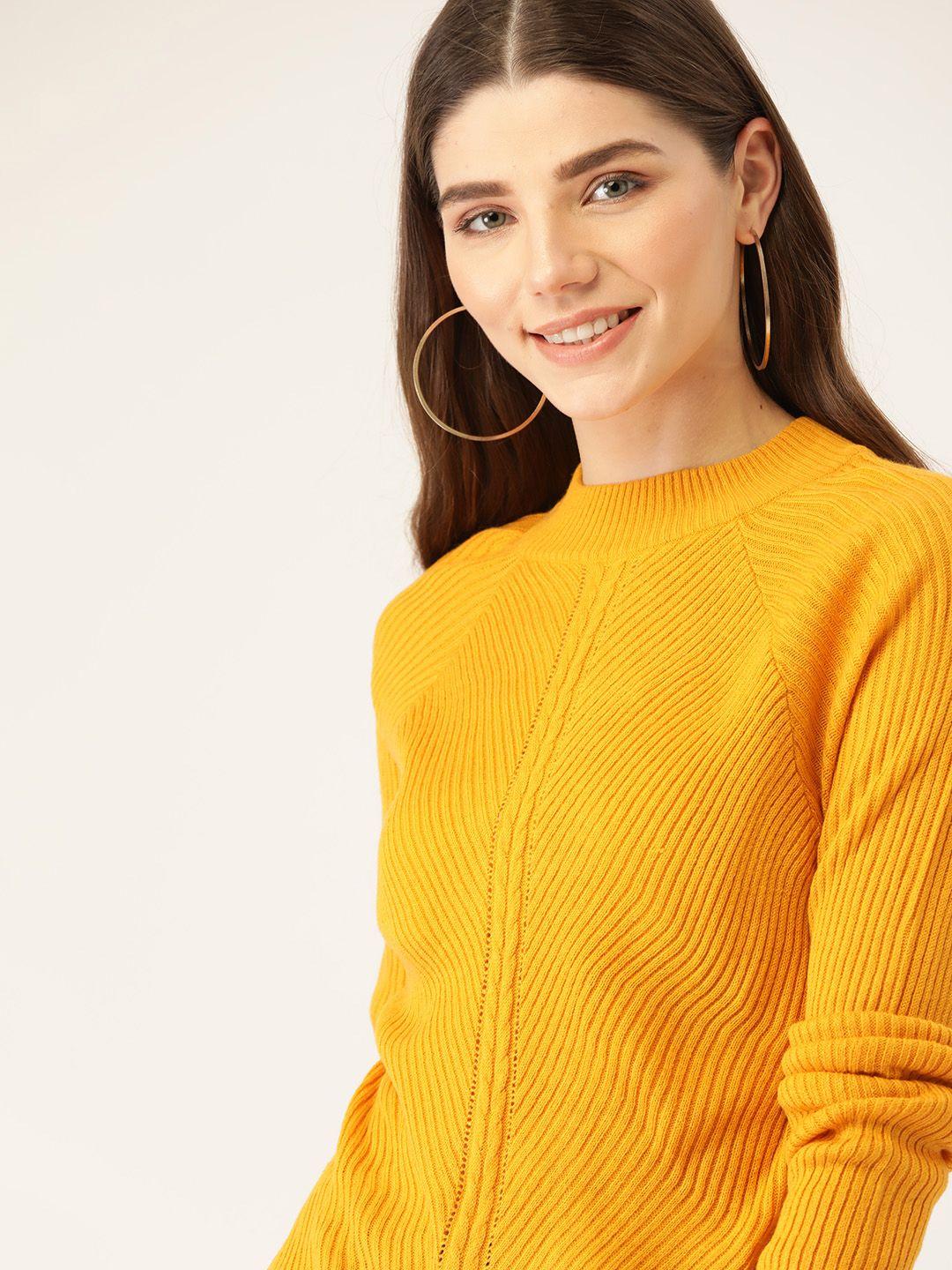 DressBerry Women Mustard Yellow Ribbed Pullover Sweater