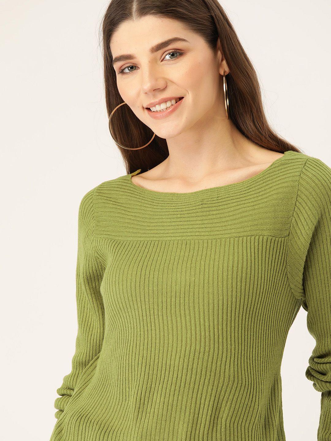 DressBerry Women Olive Green Ribbed Pullover Sweater