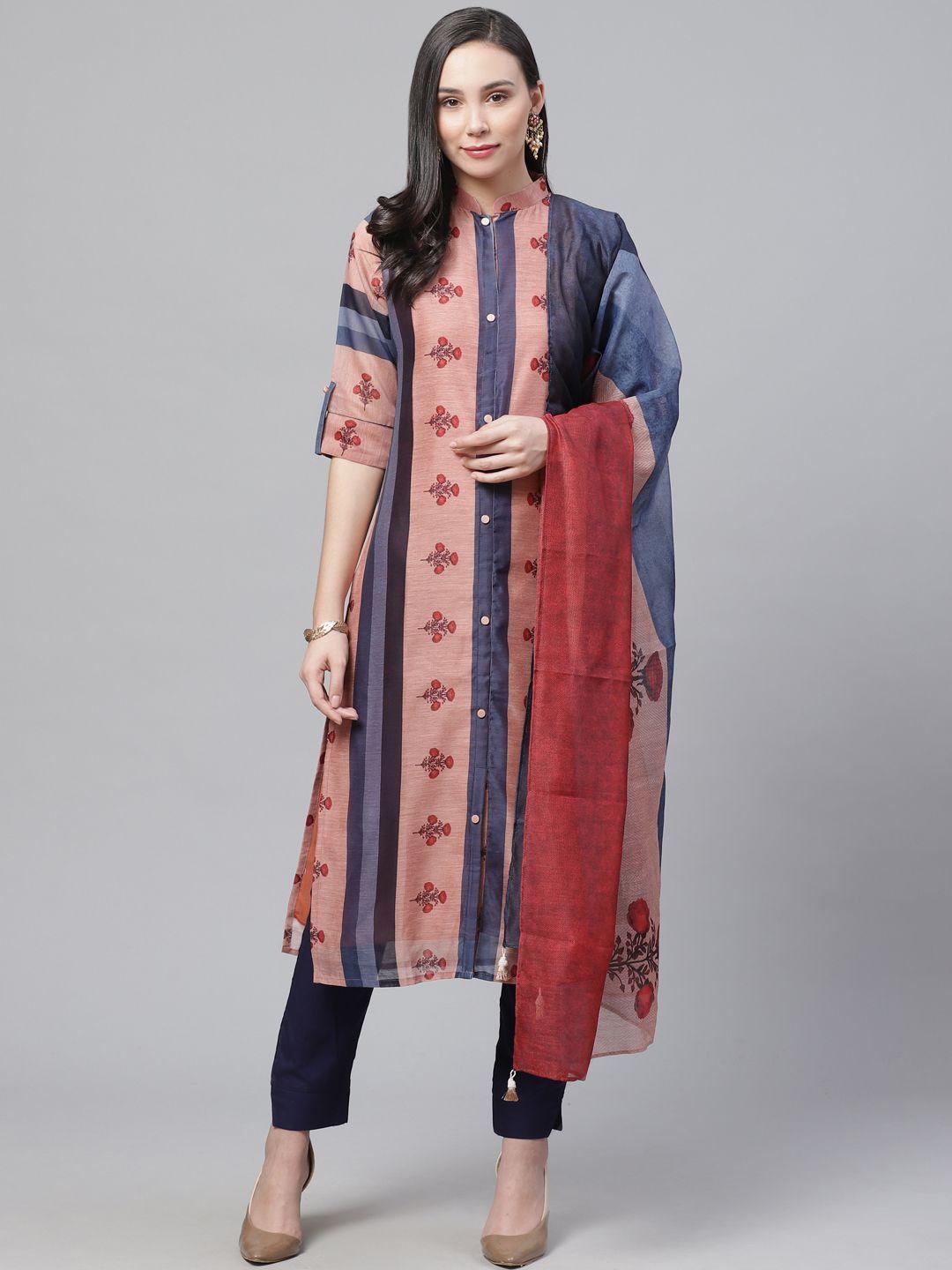 Chhabra 555 Pink & Navy Blue Handloom Print Unstitched Dress Material