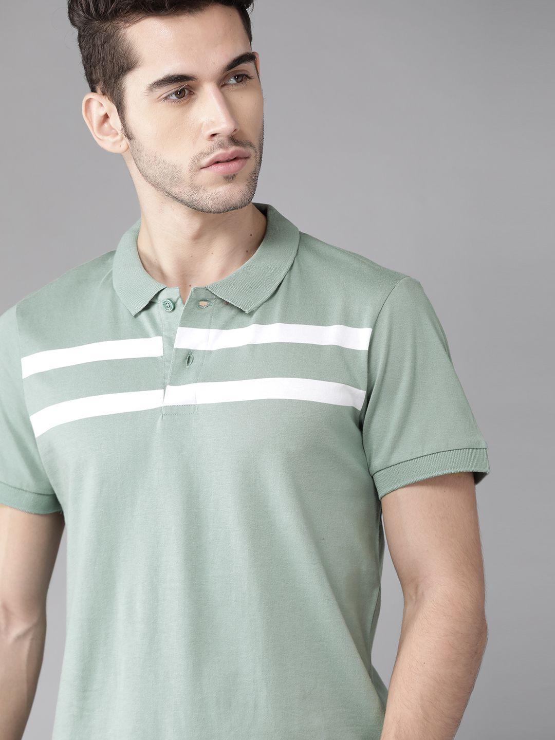 Roadster Men Green And White Polo Collar T-Shirt With Printed Stripes