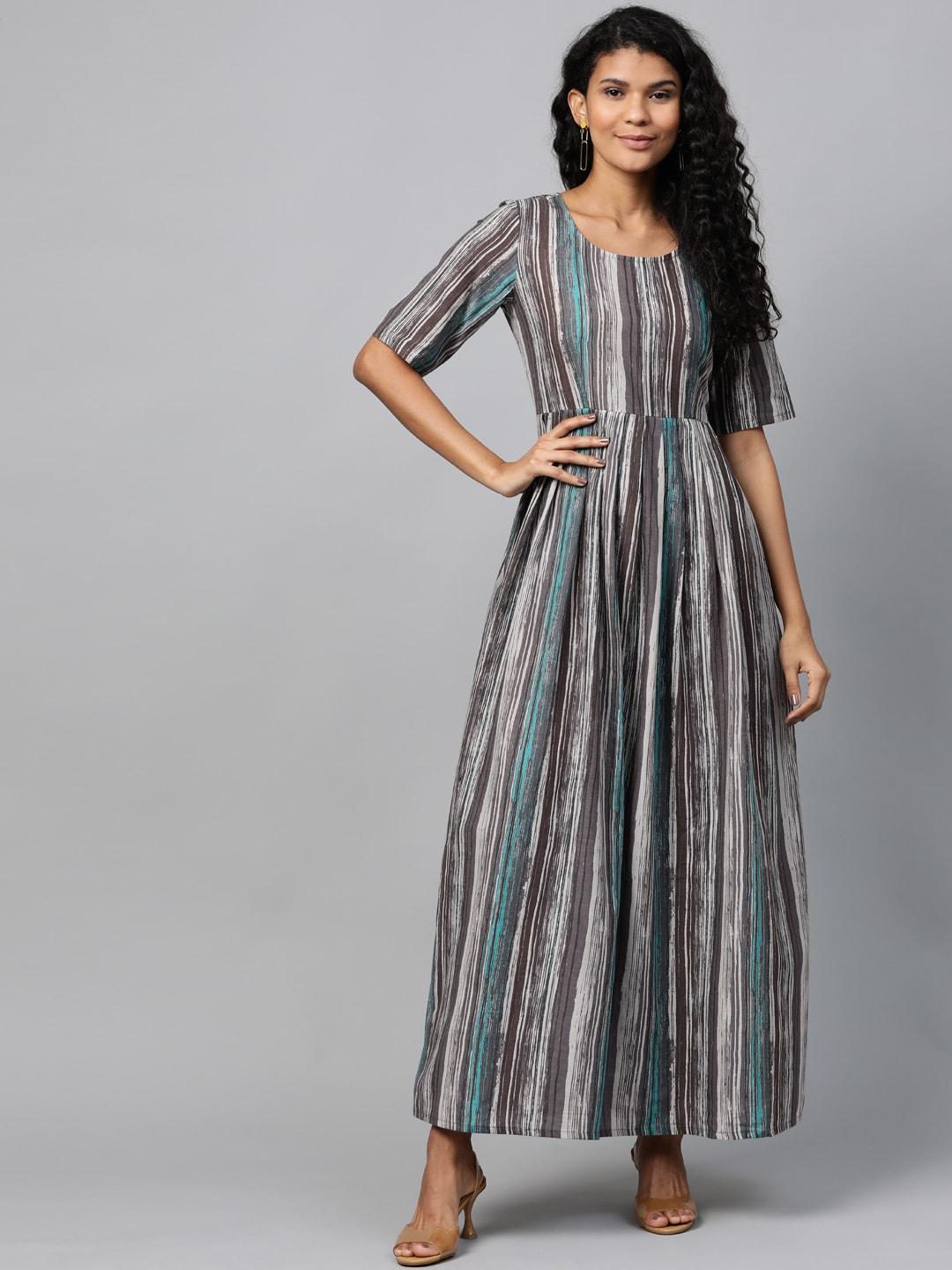 Idalia Women Grey & Off-White Striped Maxi Dress