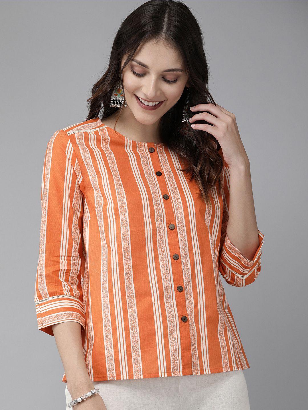 anouk-orange-&-beige-striped-pure-cotton-top-with-lace-inserts