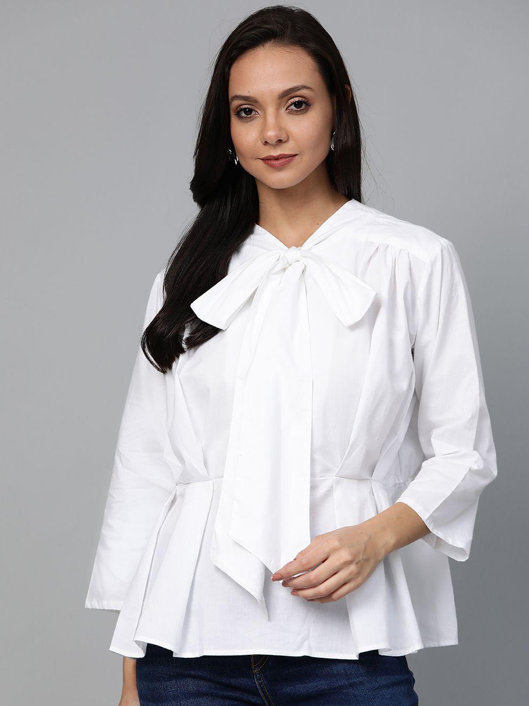 pluss-women-white-solid-a-line-pure-cotton-top-with-neck-tie-up