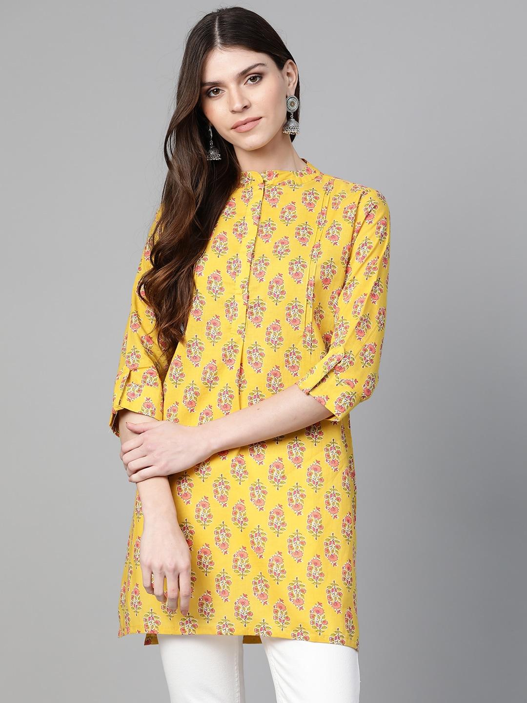 Bhama Couture Women Mustard Yellow & Pink Floral Print Tunic