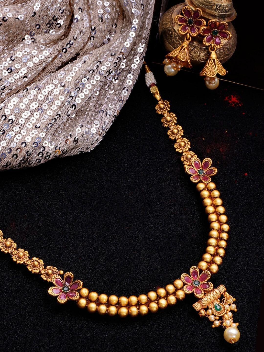 Rubans 22 K Gold-Plated Red & Green Stone-Studded Beaded Handcrafted Jewellery Set