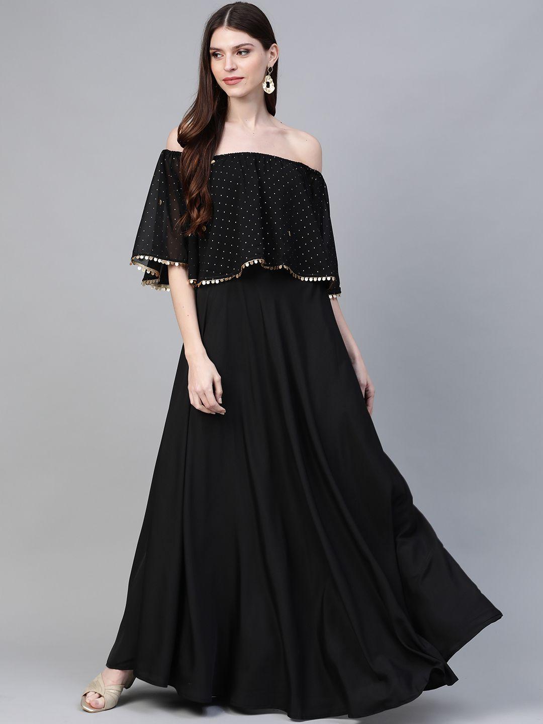 ahalyaa-women-black-&-golden-foil-printed-detail-off-shoulder-layered-maxi-dress