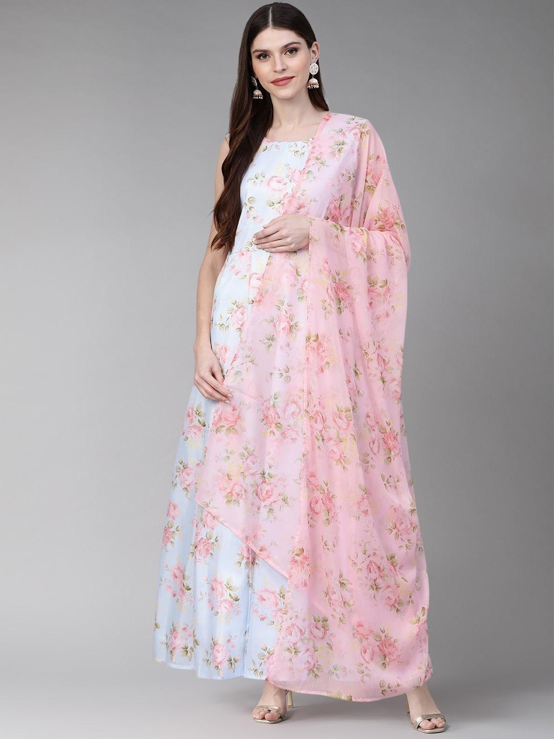 Ahalyaa Women Blue Pink Floral Printed Anarkali Dress with Dupatta