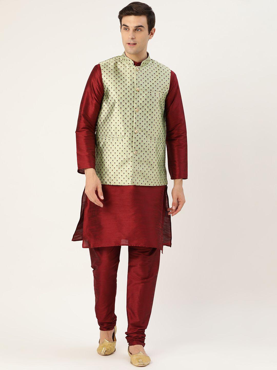 sojanya-men-maroon-&-green-solid-kurta-with-churidar-&-nehru-jacket