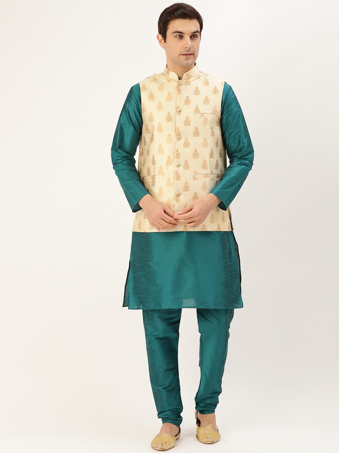 sojanya-men-teal-blue-&-cream-coloured-solid-kurta-with-churidar-&-nehru-jacket