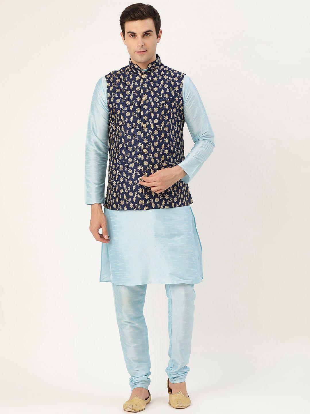 sojanya-men-blue-&-golden-solid-kurta-with-churidar-&-nehru-jacket