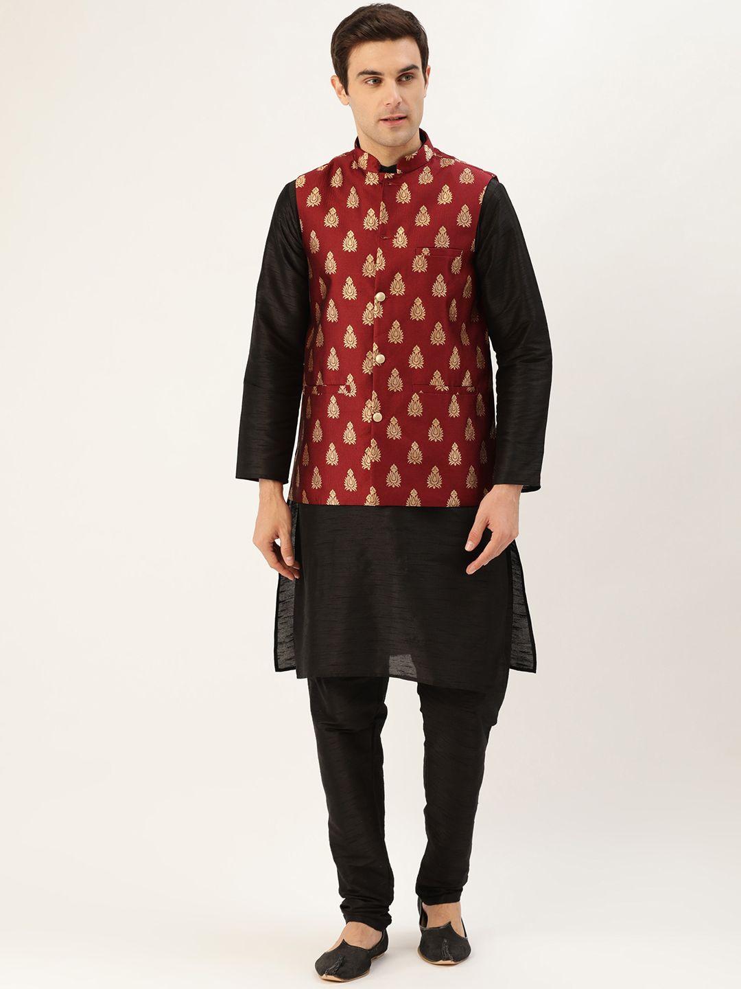 sojanya-men-black-&-maroon-solid-kurta-with-churidar-&-nehru-jacket