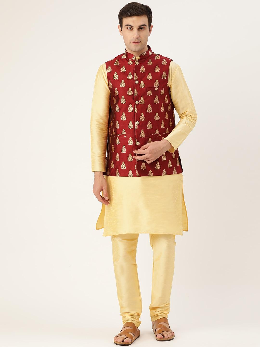sojanya-men-golden-&-maroon-solid-kurta-with-churidar-&-nehru-jacket