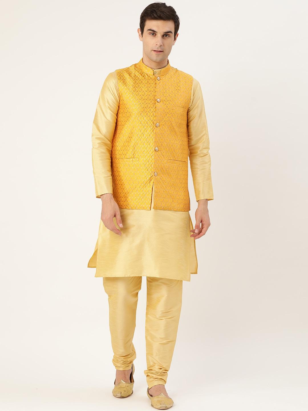 sojanya-men-golden-&-mustard-yellow-solid-kurta-with-churidar-&-nehru-jacket
