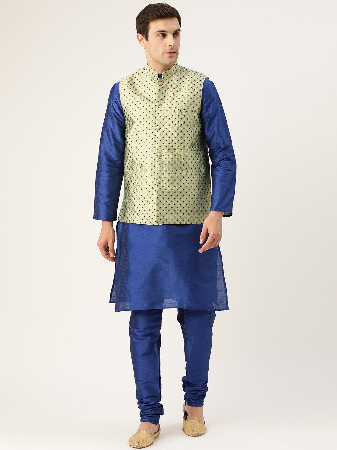 sojanya-men-blue-&-green-solid-kurta-with-churidar-&-nehru-jacket