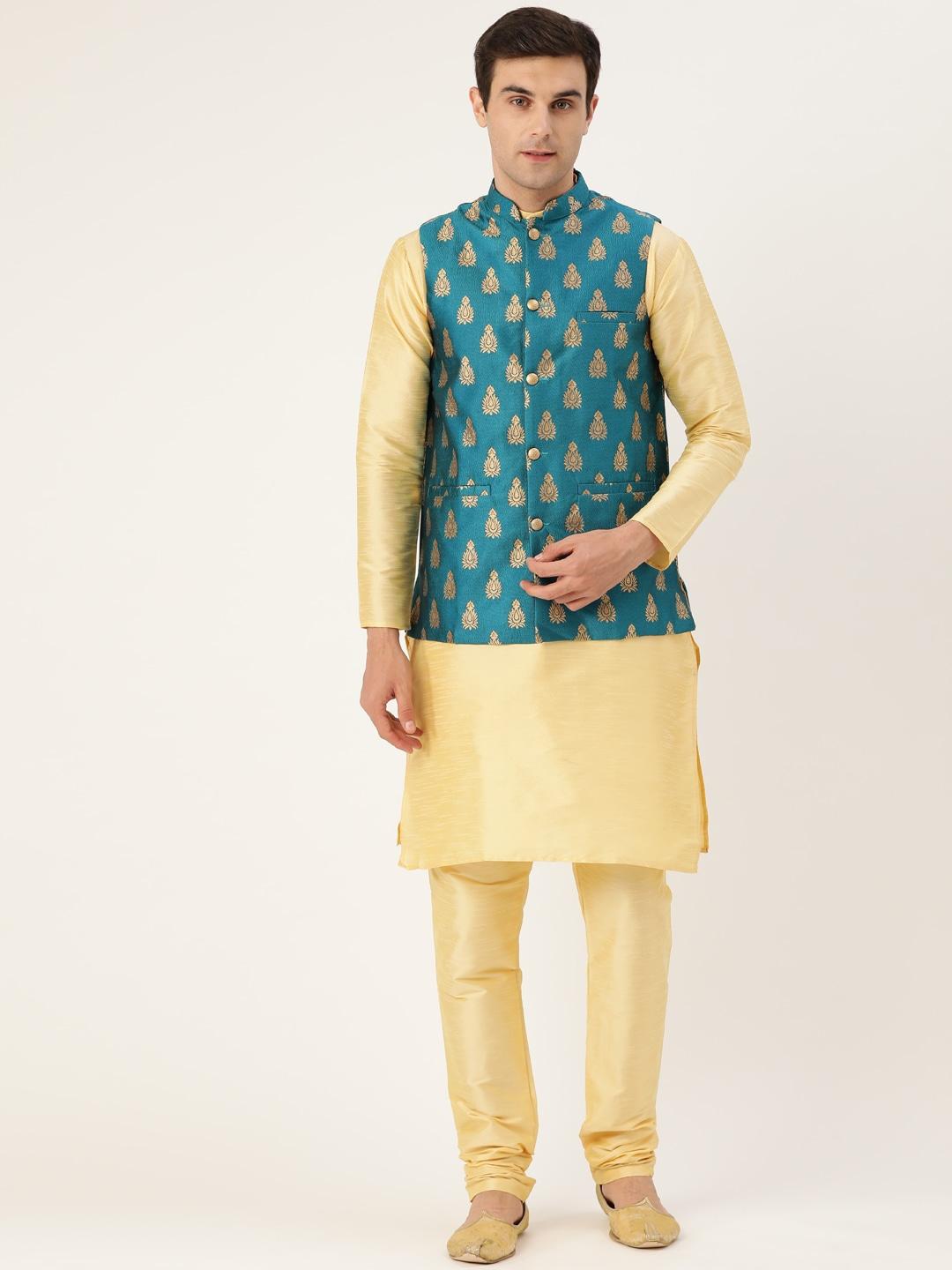 sojanya-men-golden-&-teal-blue-solid-kurta-with-churidar-&-nehru-jacket