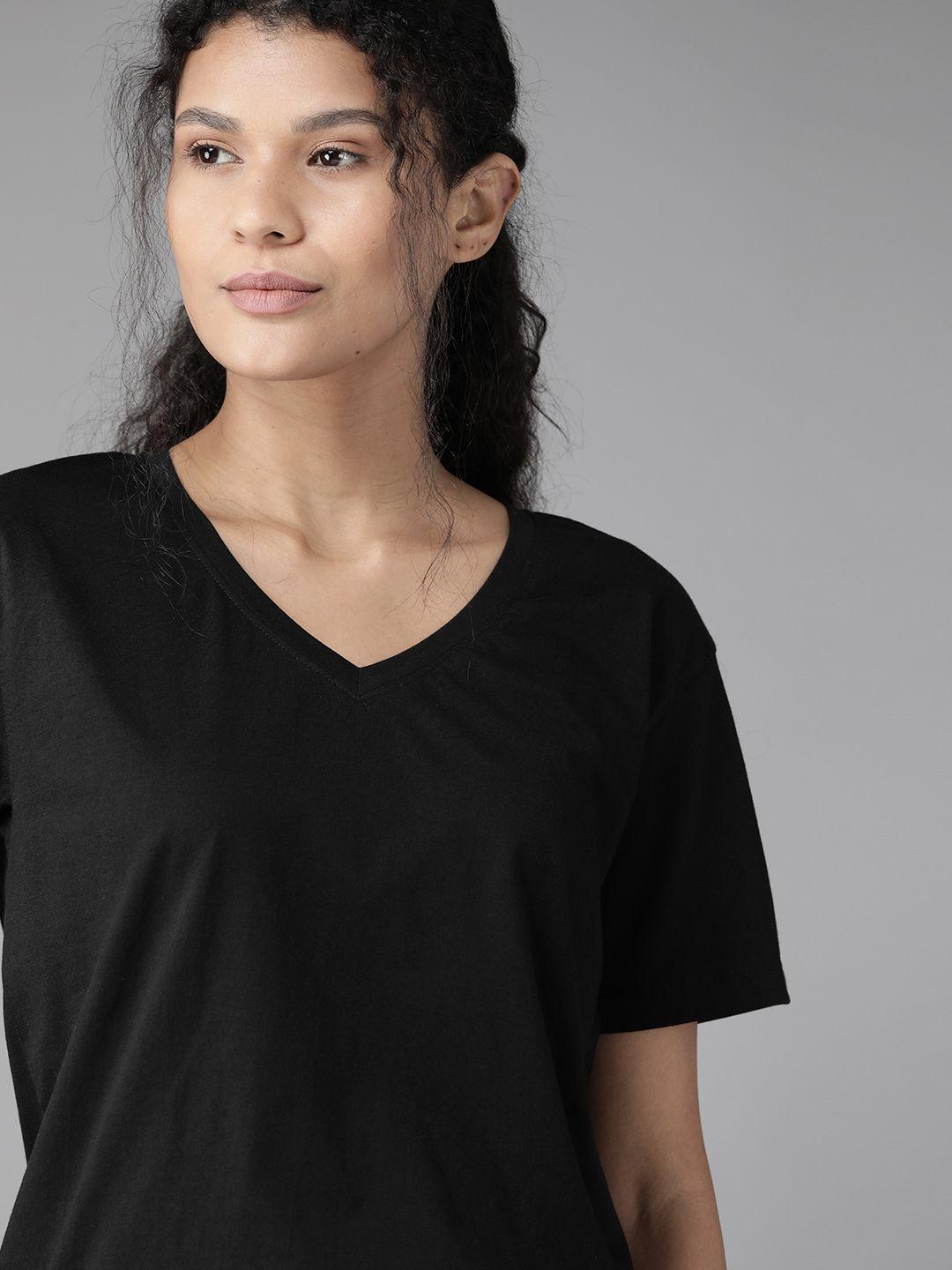 Roadster Women Black Solid V-Neck Pure Cotton T-shirt