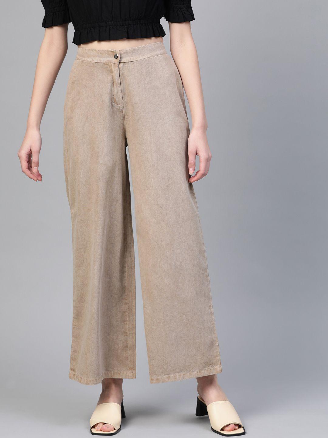SASSAFRAS Women Beige Regular Fit Solid Denim Parallel Trousers