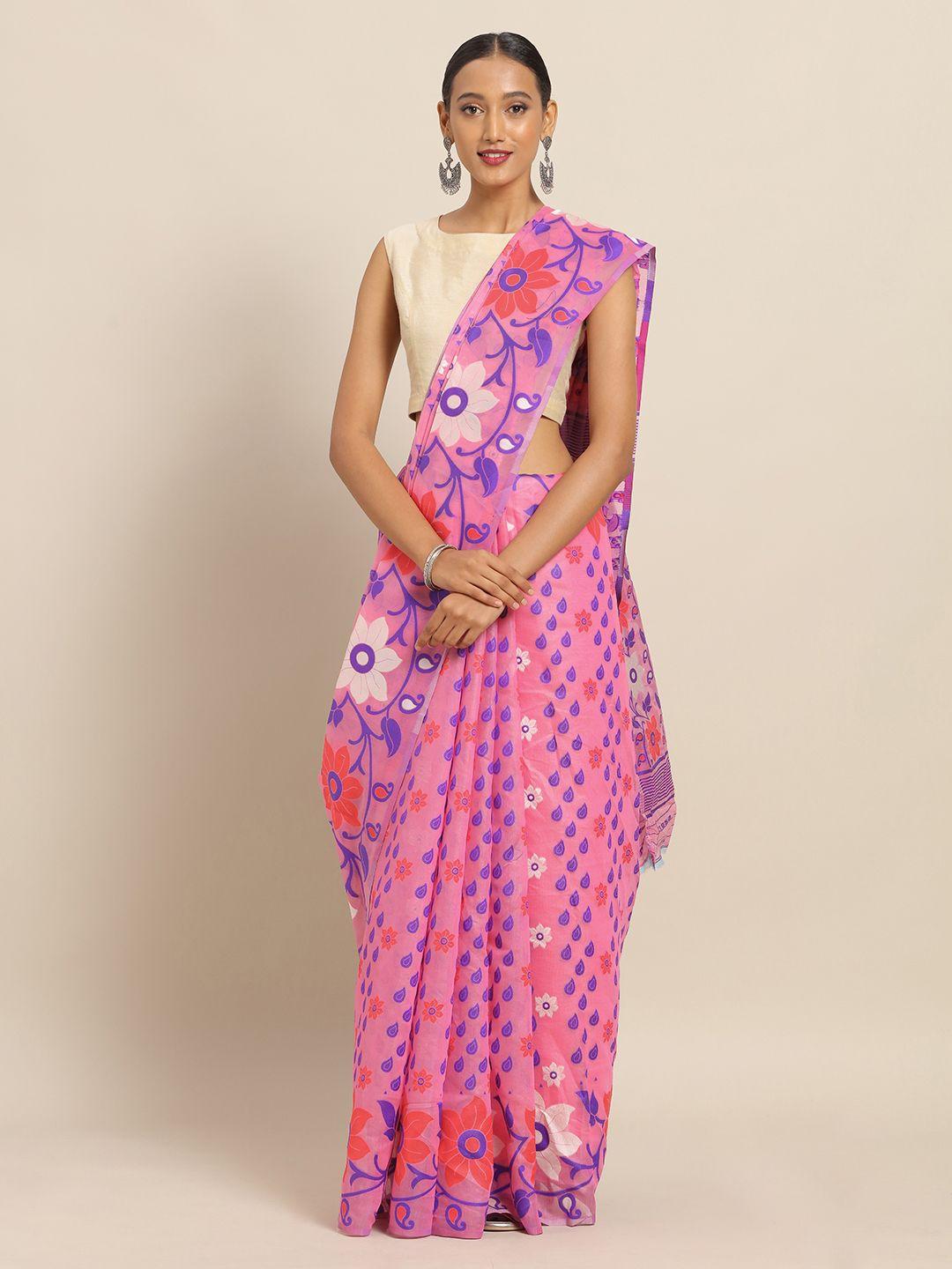 VASTRANAND Pink & Blue Silk Cotton Woven Design Jamdani Saree