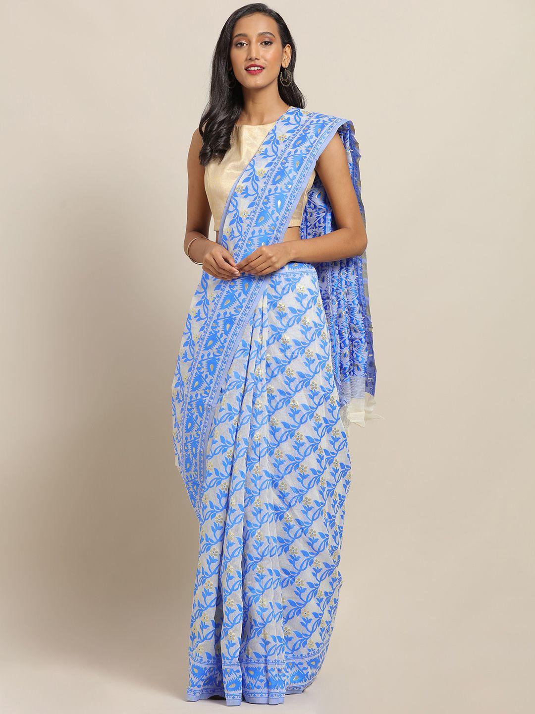 vastranand-blue-&-white-silk-cotton-printed-jamdani-saree