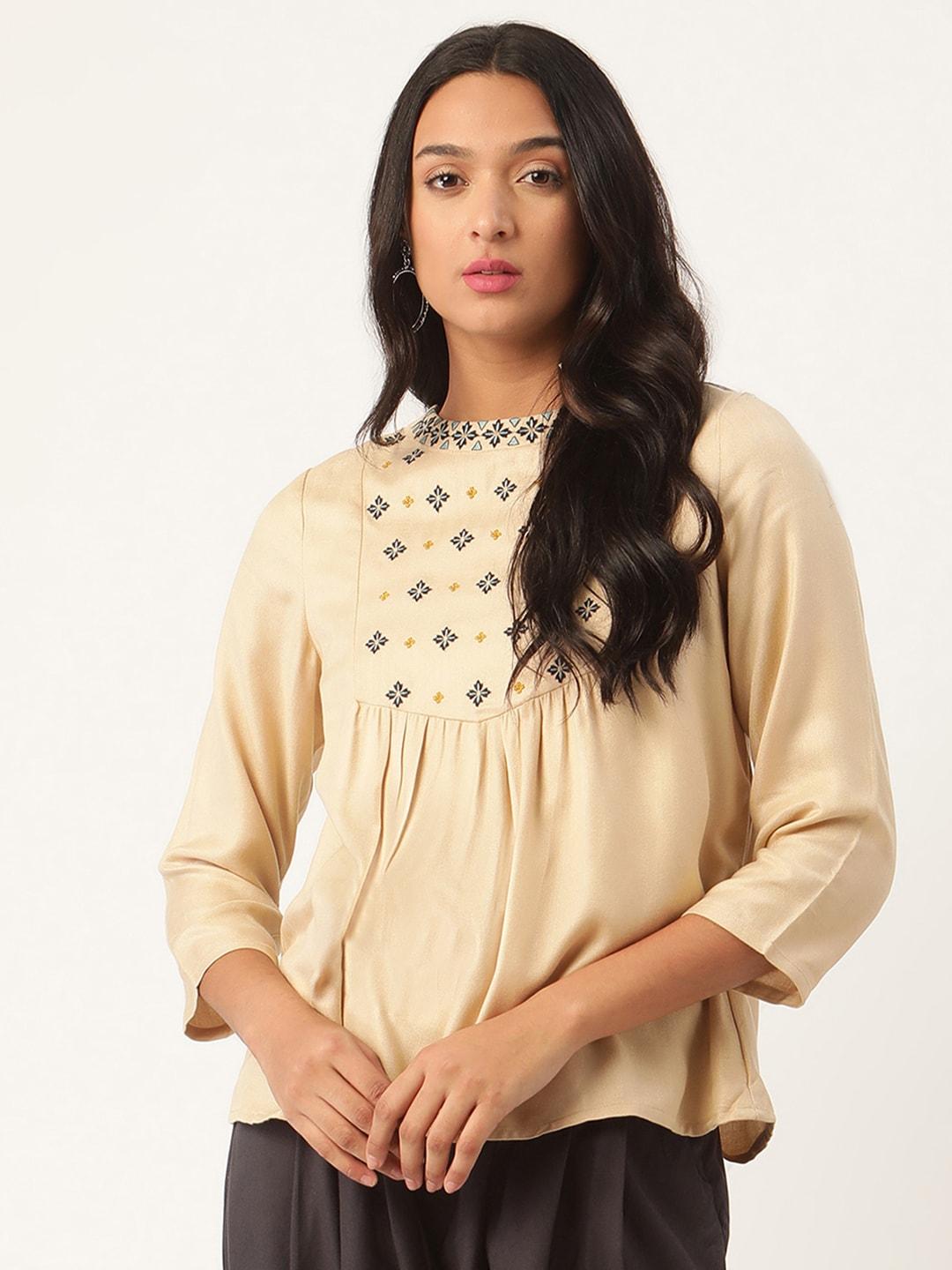 ROOTED Women Beige Embroidered Top