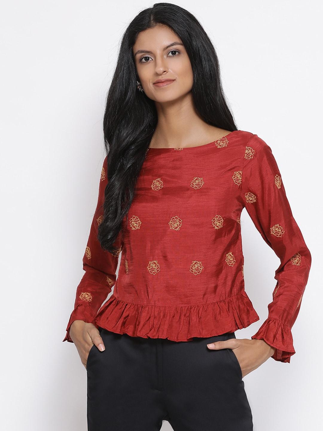 rooted-women-maroon-embroidered-peplum-top