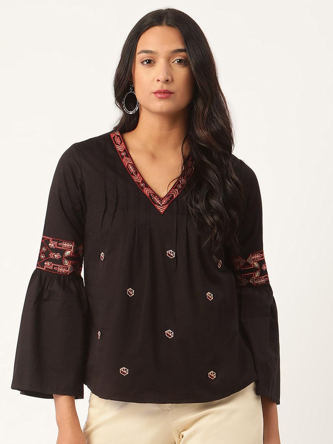 ROOTED Women Black Embroidered Top