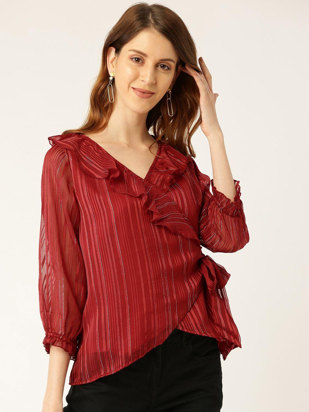 antheaa-women-red-&-silver-shimmer-striped-wrap-top