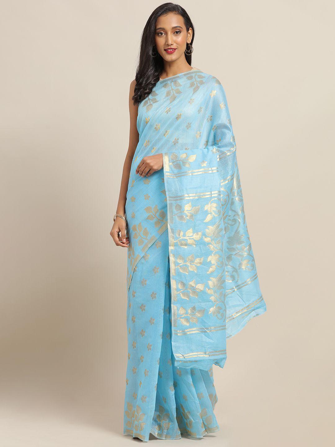 vastranand-blue-&-silver-toned-silk-cotton-printed-jamdani-saree