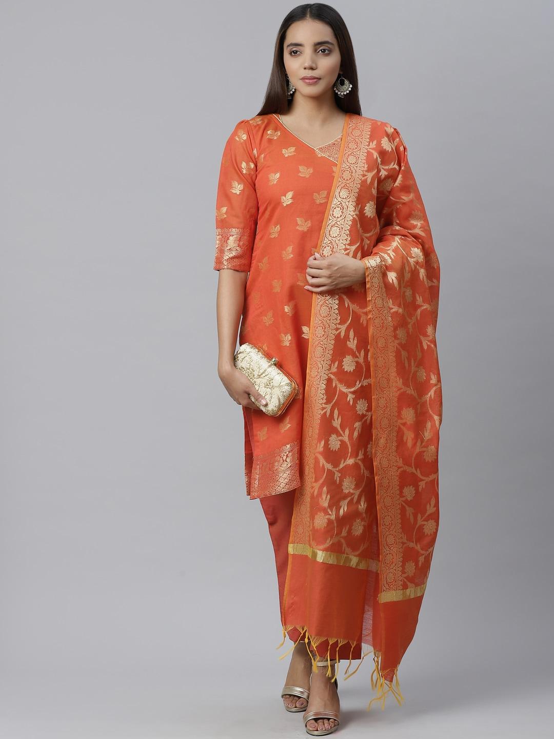 Chhabra 555 Orange & Golden Zari Woven Design Unstitched Dress Material