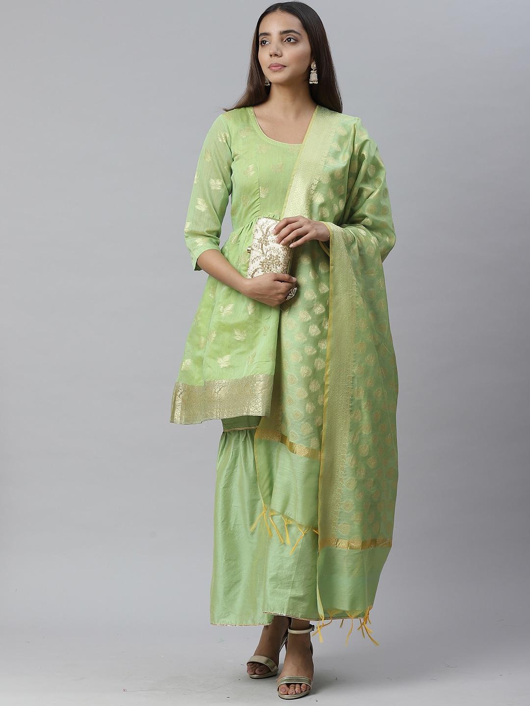 Chhabra 555 Green & Golden Zari Woven Design Unstitched Dress Material