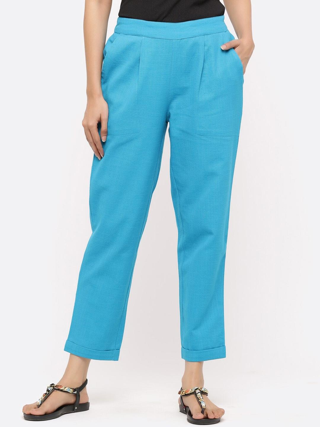 Jaipur Kurti Women Turquoise Blue Regular Fit Solid Regular Trousers