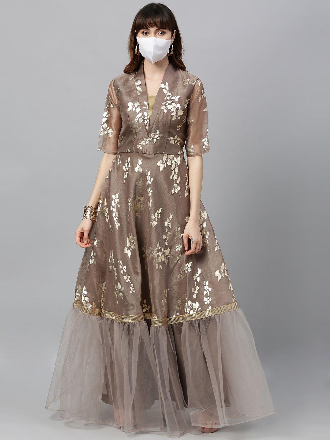 Ethnovog Women Brown  Beige Printed Made To Measure Maxi Dress