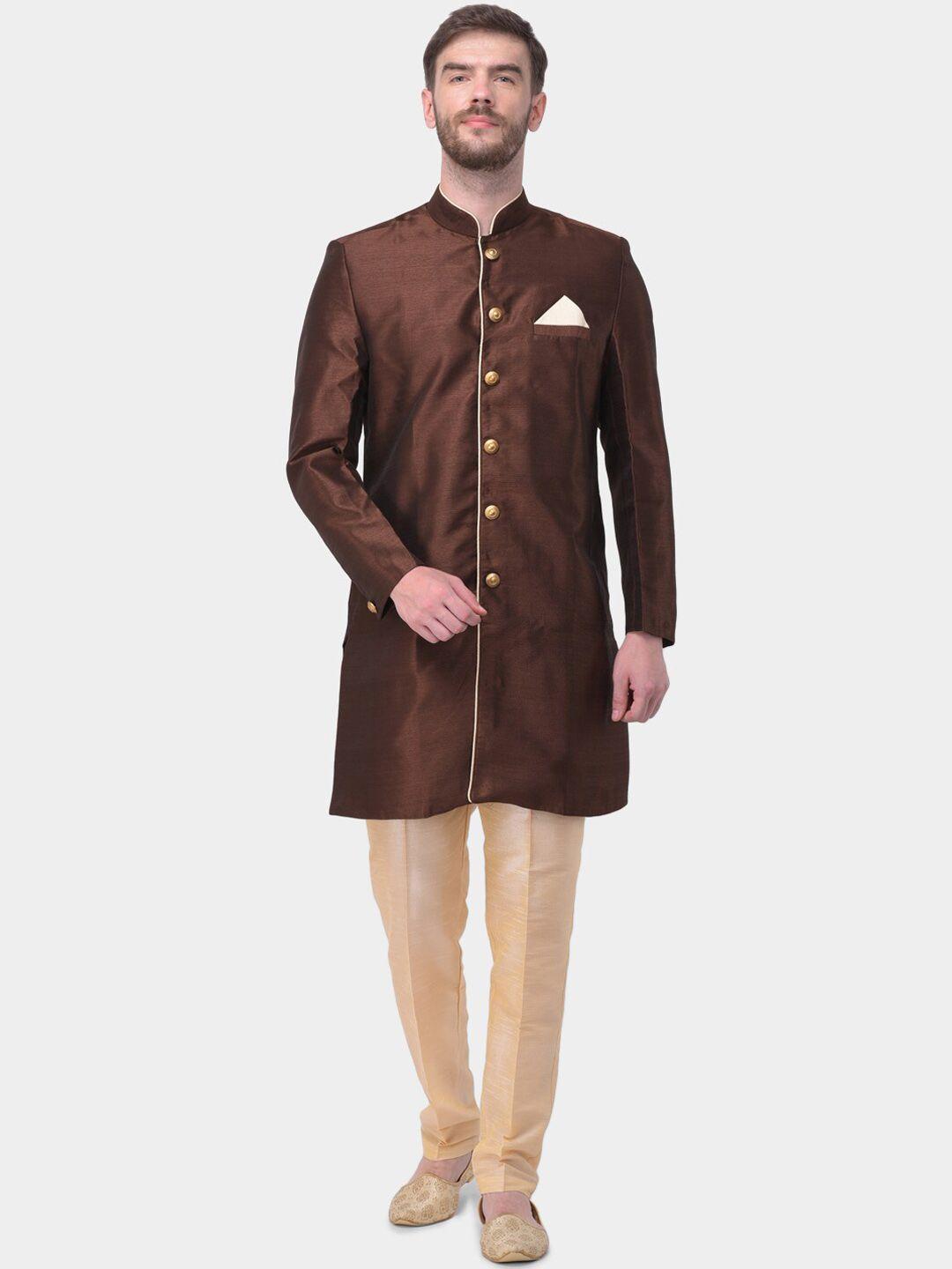 sg-leman-men-brown-&-beige-raw-silk-sherwani-set