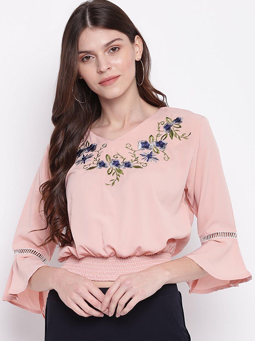 Mayra Women Pink Embroidered Blouson Crop Top