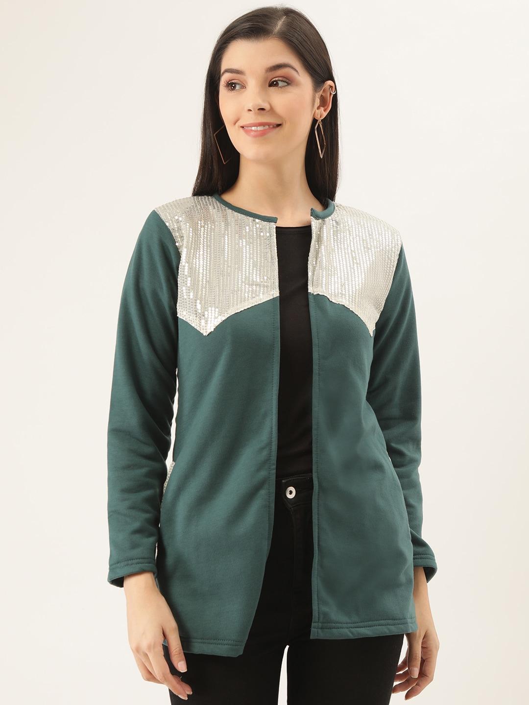 Belle Fille Women Green & Silver Colourblocked Longline Open Front Jacket