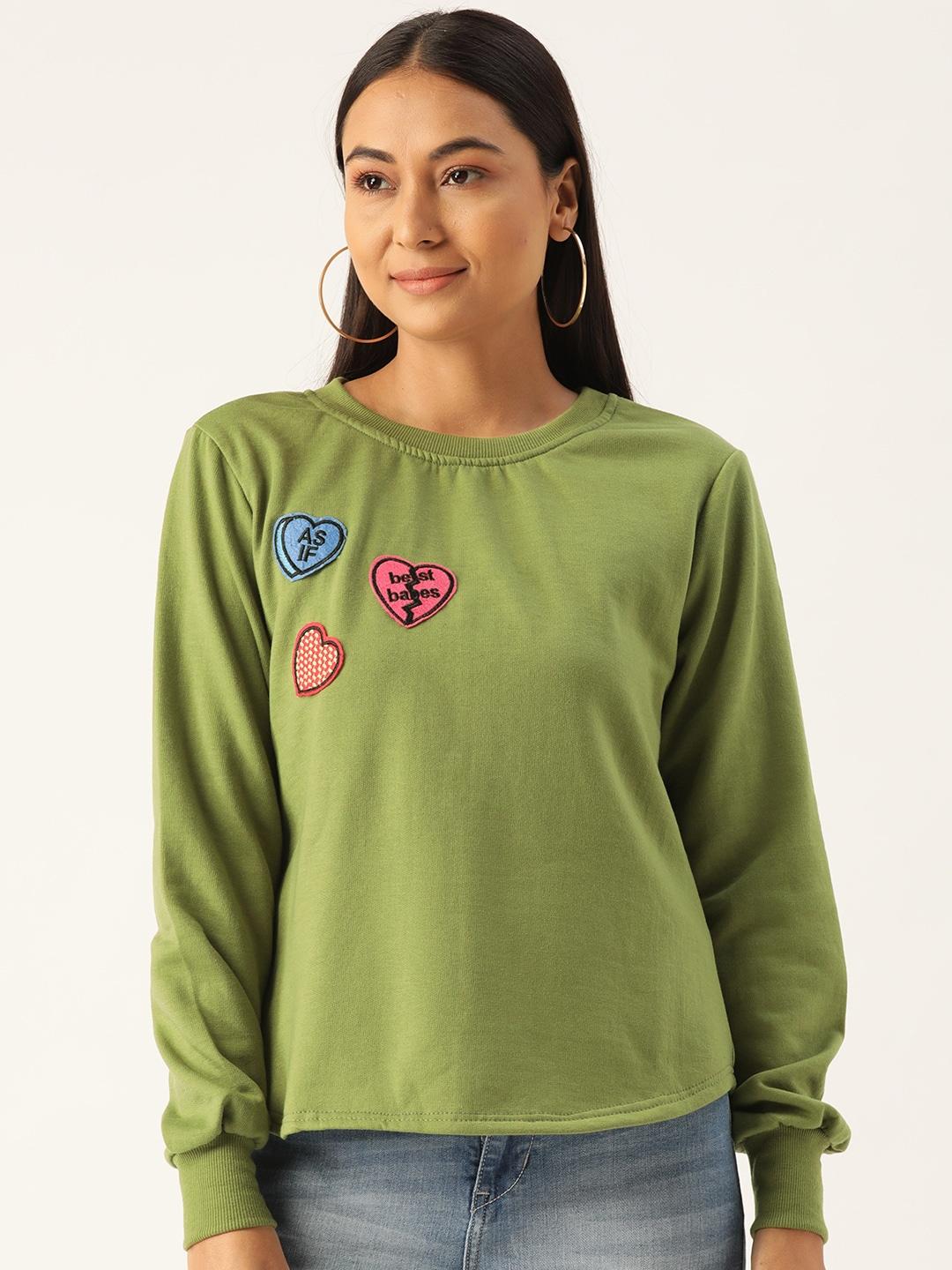 Belle Fille Women Green Applique Detail Sweatshirt