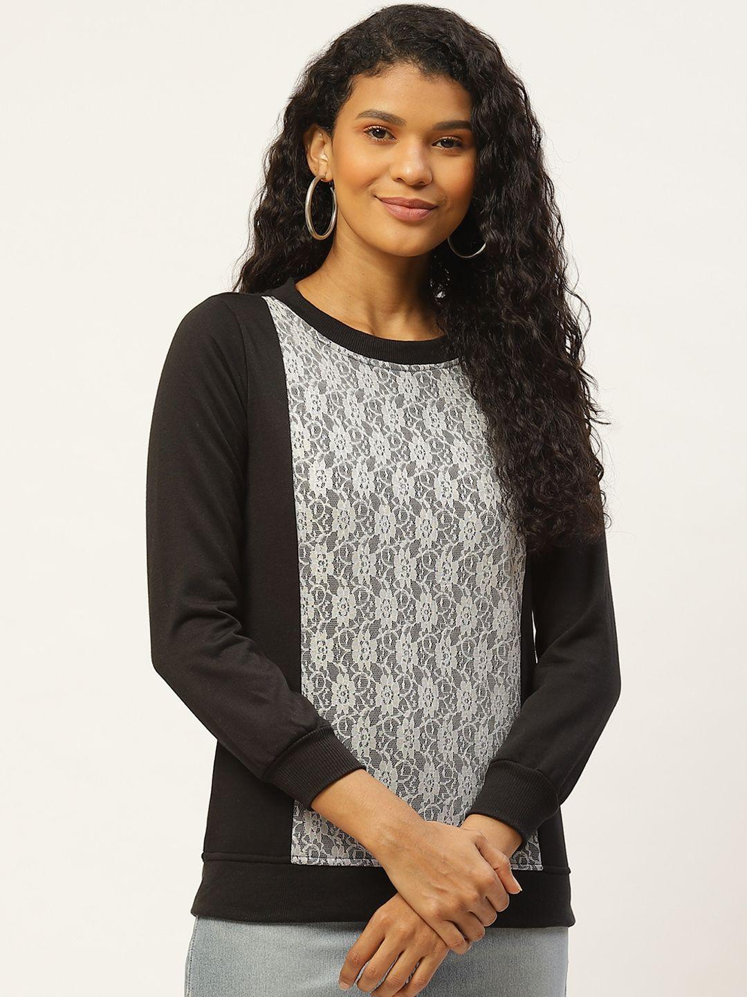 Belle Fille Women Black & White Lace Panelled Sweatshirt