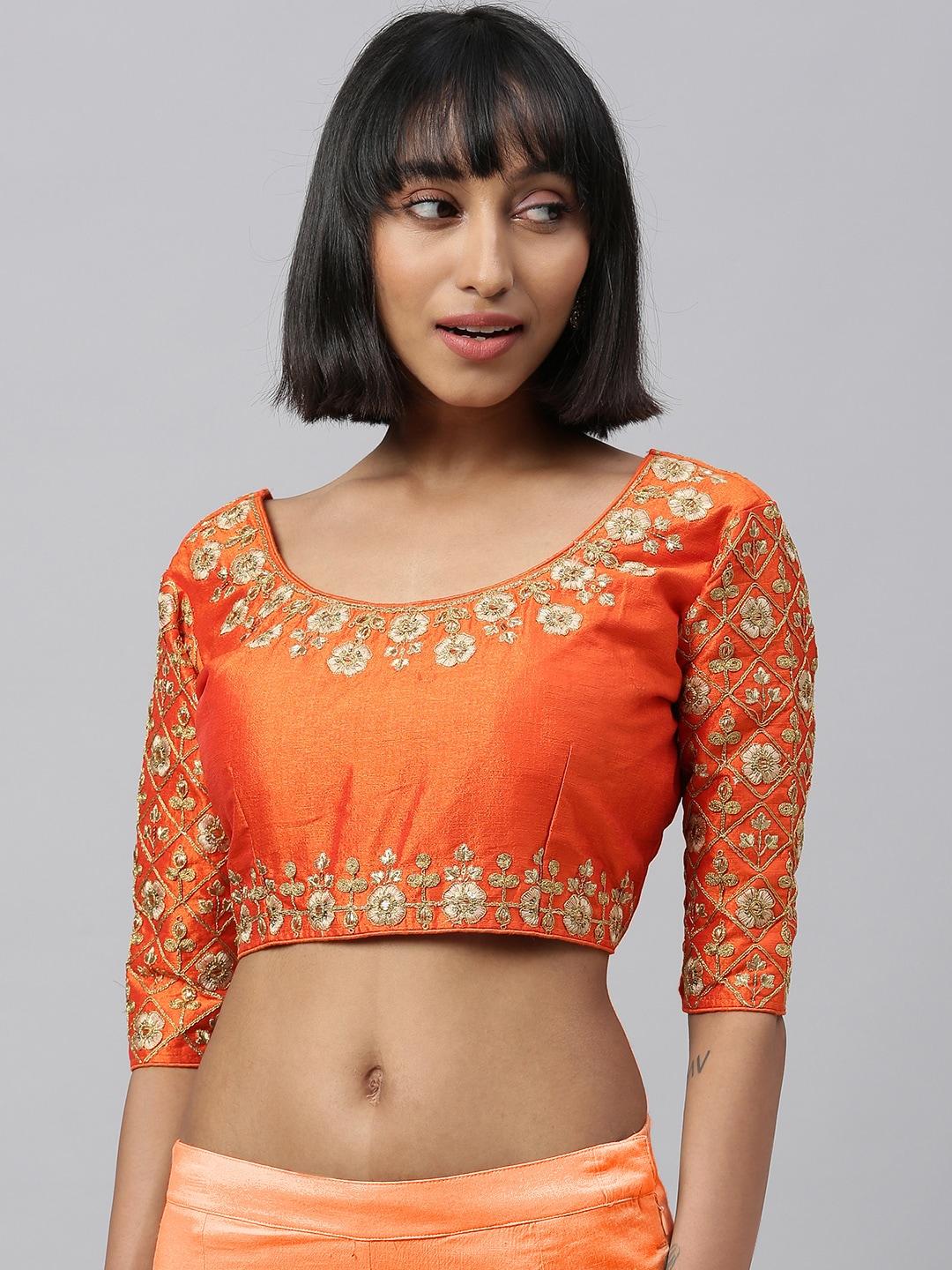 Amrutam Fab Women Orange & Gold-Toned Embroidered Saree Blouse