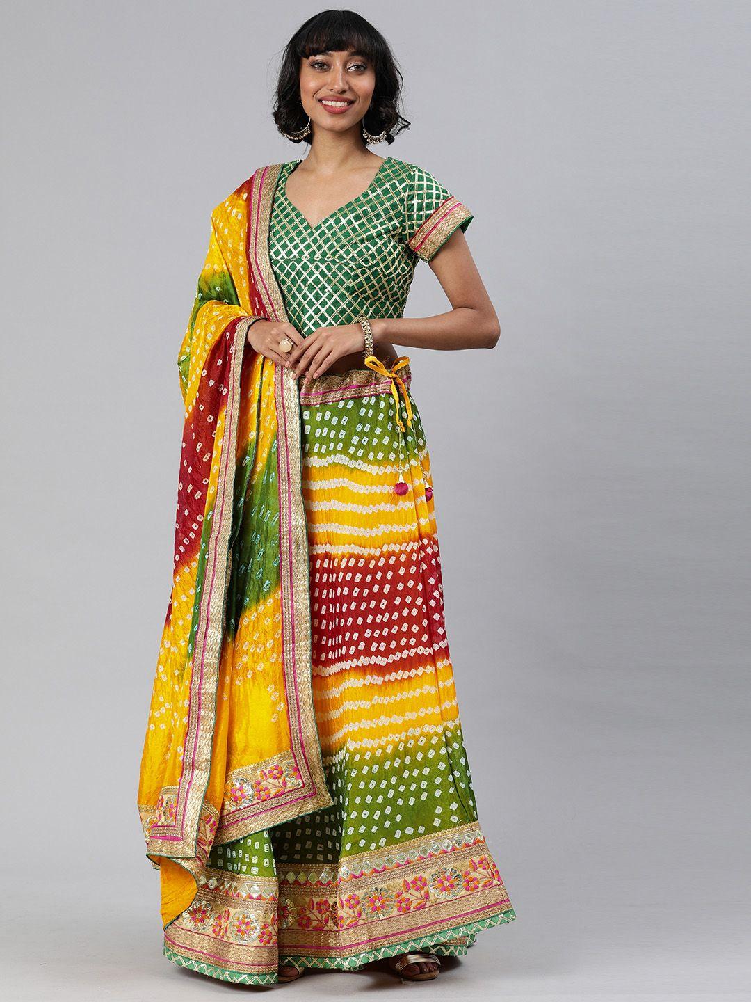 Geroo Jaipur Multicolor Hand Dyed Silk Bandhani Lehenga Set with Dupatta