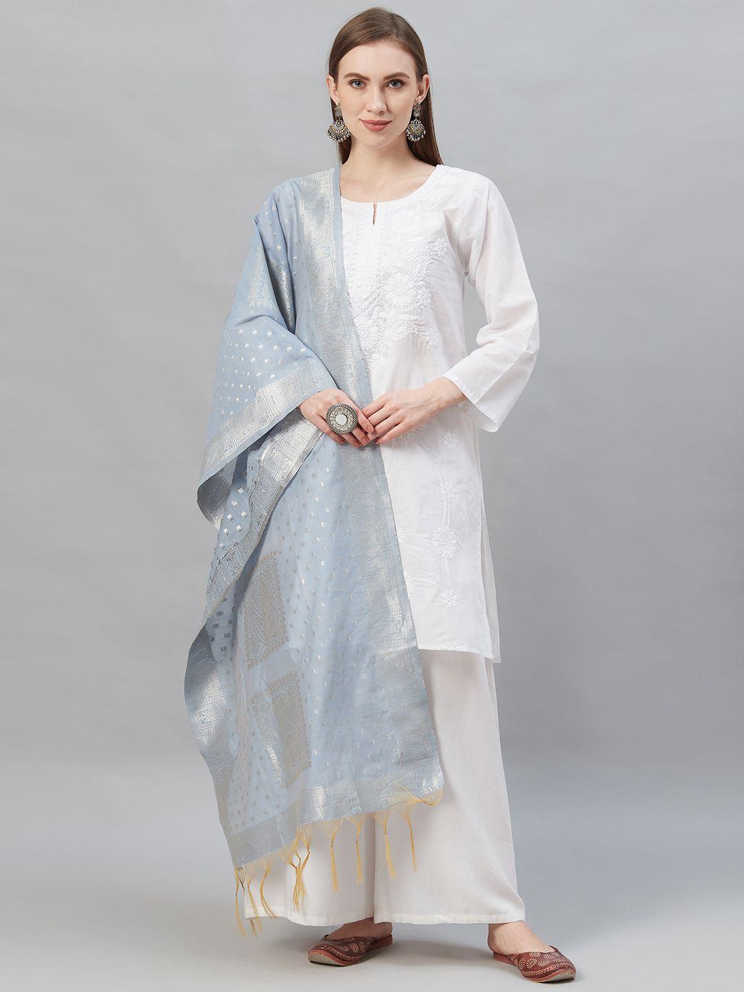 indo-era-women-blue-&-silver-woven-design-tasselled-dupatta