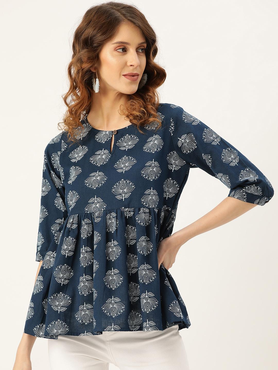Shae by SASSAFRAS Women Navy Blue & White Lotus Printed A-Line Pure Cotton Top