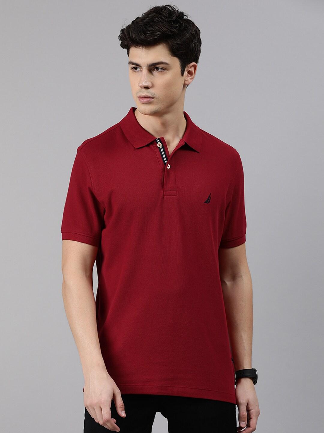 Nautica Men Red Solid Slim Fit Polo Collar Pure Cotton T-shirt