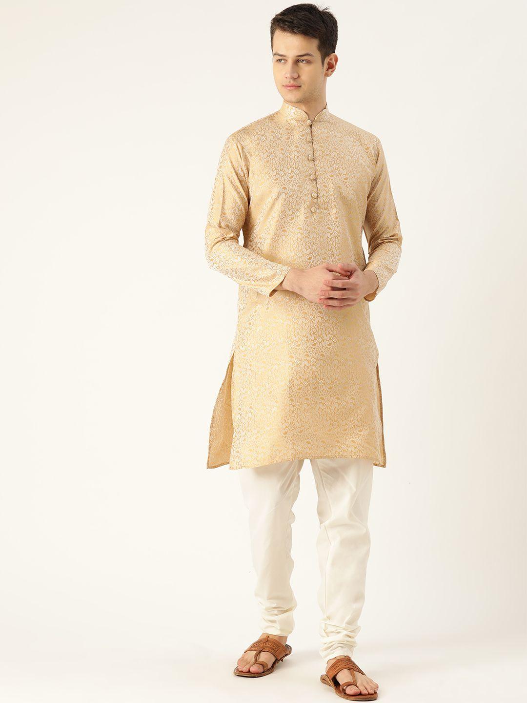 sojanya-men-mustard-yellow-&-off-white-woven-design-kurta-with-churidar
