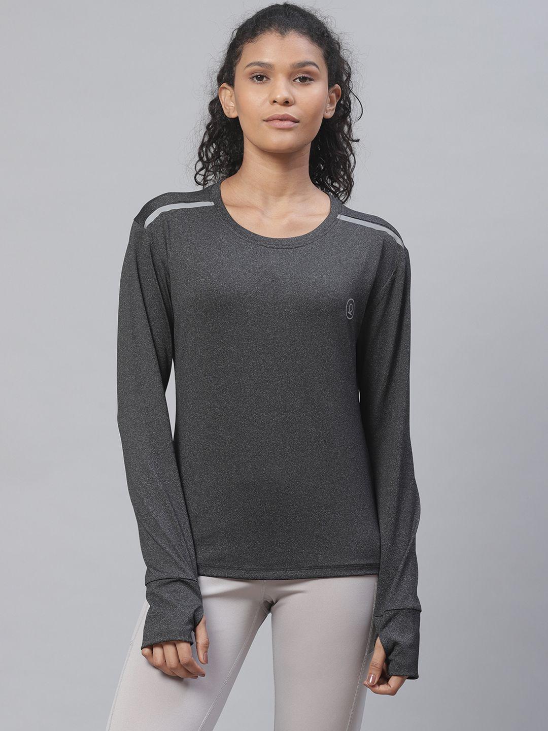 Chkokko Women Charcoal Grey Solid Round Neck Yoga T-shirt