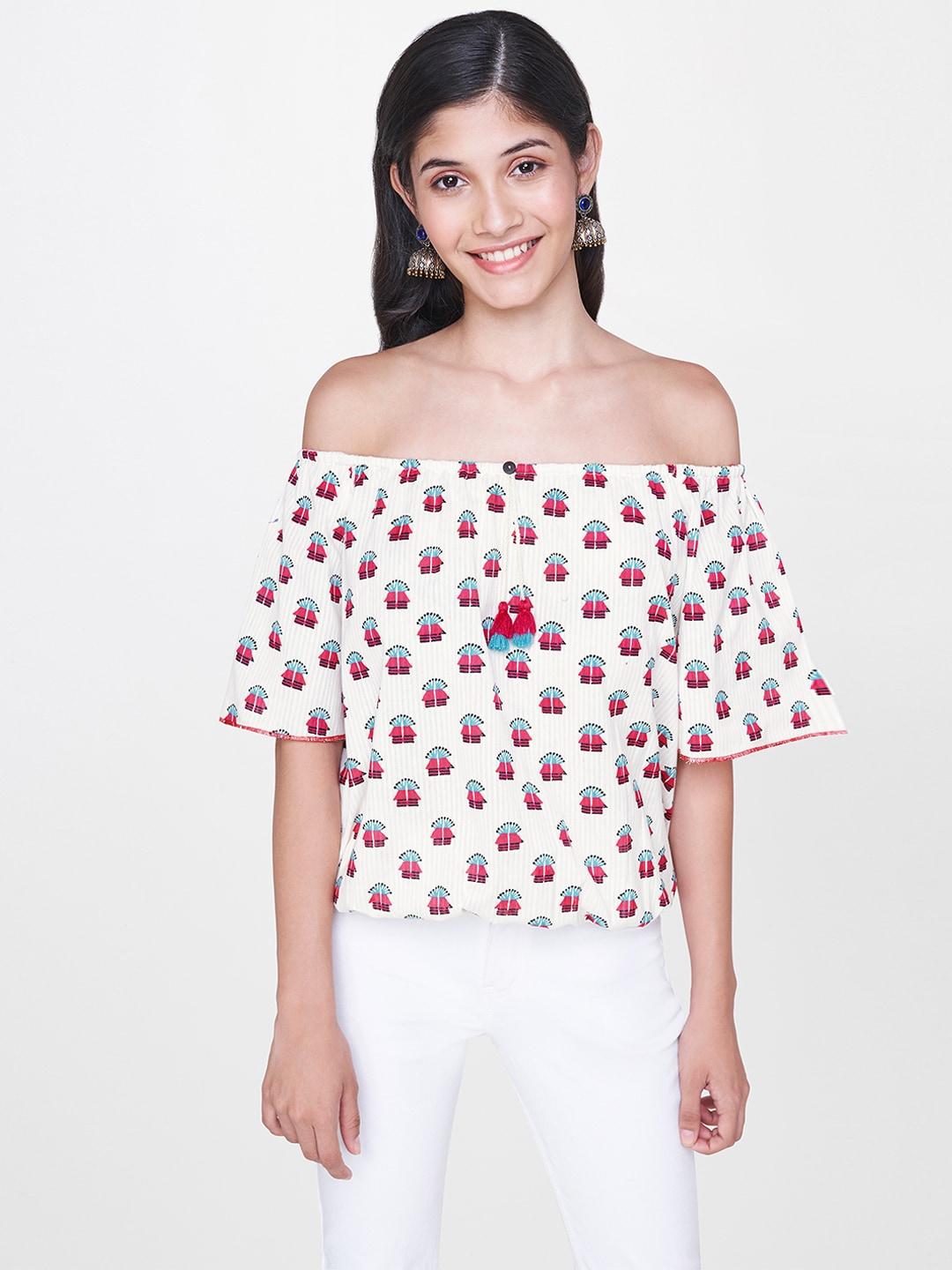 Global Desi Women Off-White & Pink Printed Bardot Pure Cotton Top with Gathers