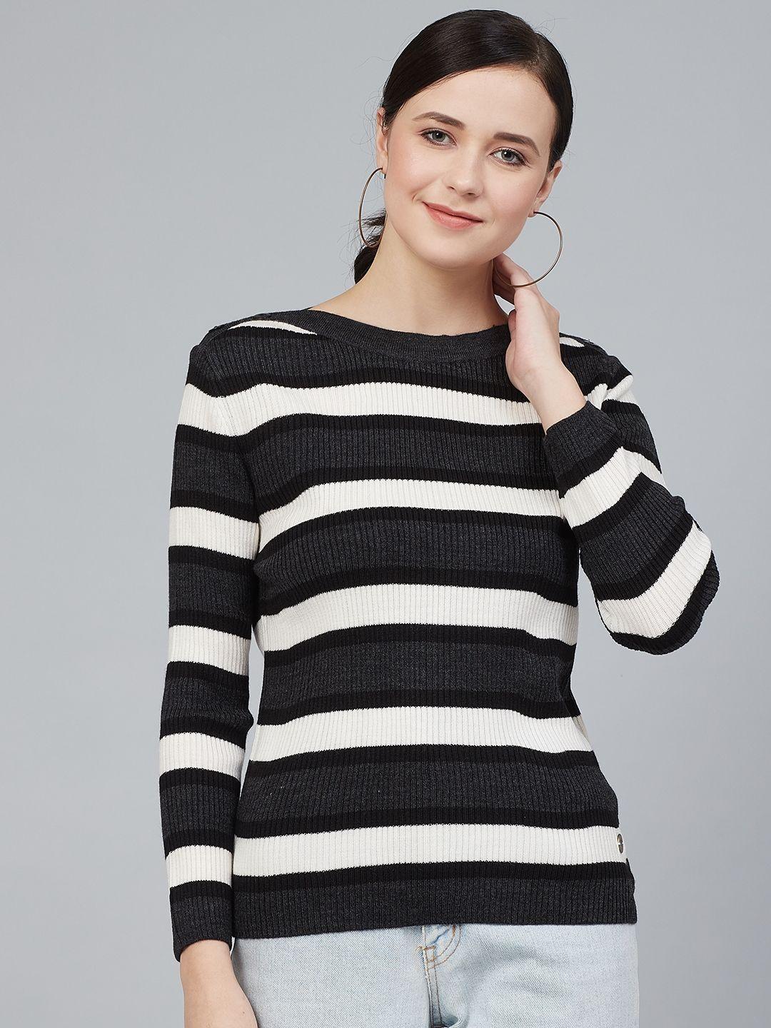 cayman-women-charcoal-grey-&-white-striped-pullover-acrylic-sweater